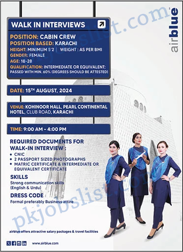 Cabin crew jobs in airblue august 2024 walk in inteview female airhostess