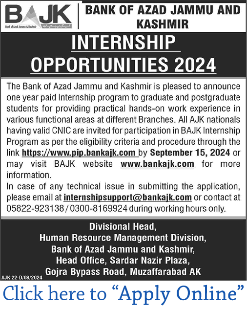 Bank of AJK Internship 2024 August September BAJK Apply Online