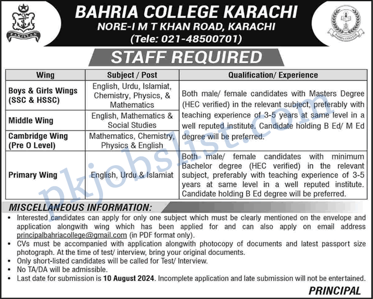 Teaching jobs in bahria college karachi august 2024