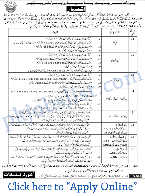 Board of intermediate and secondary education bahawalpur jobs 2024 august bise apply online