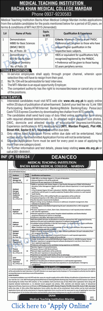 Bacha khan medical college mardan jobs august 2024 mti bkmc apply online demonstrators & more