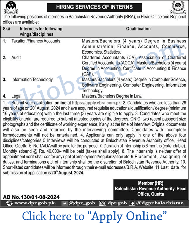 Balochistan revenue authority jobs 2024 august apply online internees at bra