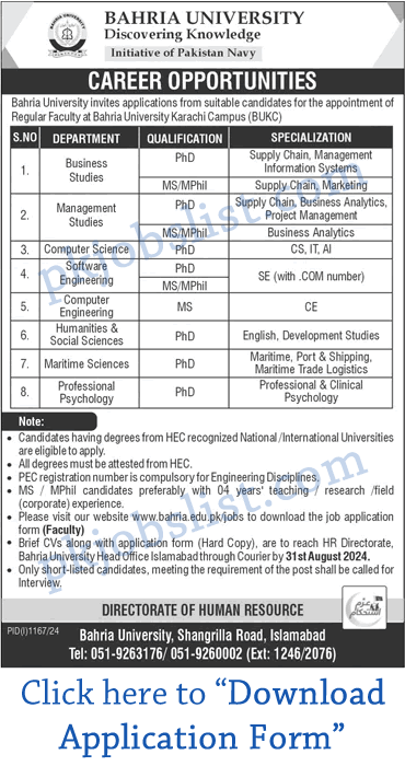 Teaching Faculty Jobs in Bahria University Karachi Campus August 2024 BUKC Application Form