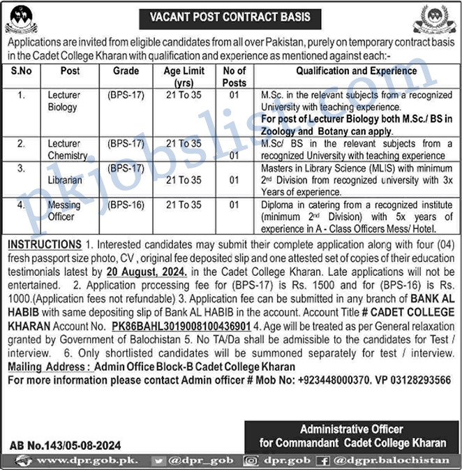 Cadet college kharan jobs 2024 august lecturers & more