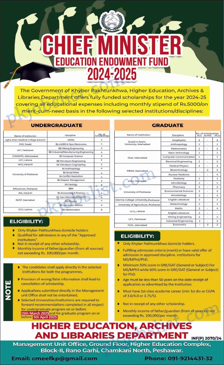 Cm education endowment fund scholarship kpk 2024 2025 higher education achieves and libraries department