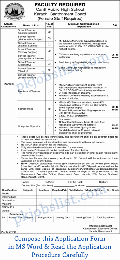 Cantt public high school karachi cantonment board jobs august 2024 female teachers & more