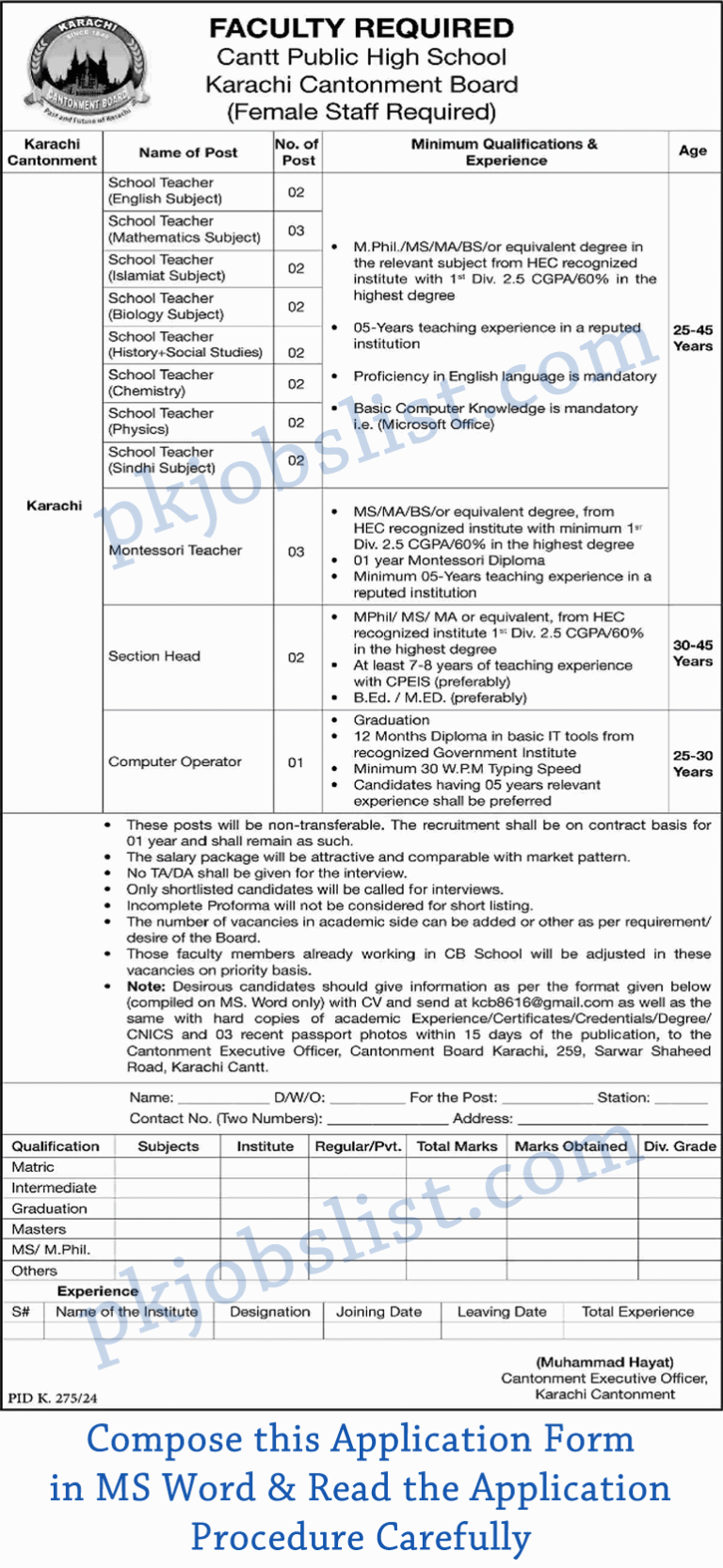 Cantt public high school karachi cantonment board jobs august 2024 female teachers & more