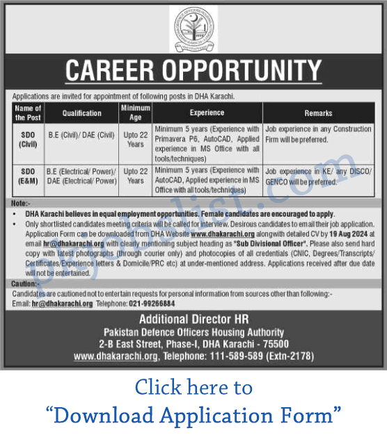 Defence housing authority dha karachi jobs august 2024 sdo application form download