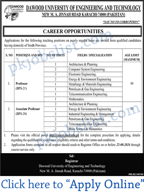 Dawood University of Engineering and Technology Jobs August 2024 Apply Online DUET Karachi