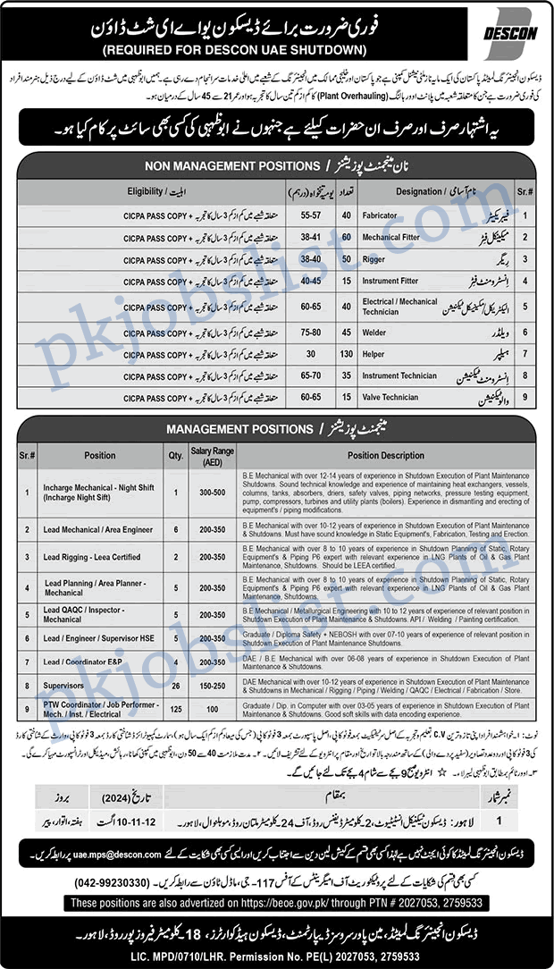 Descon engineering jobs august 2024 uae shutdown helpers & more