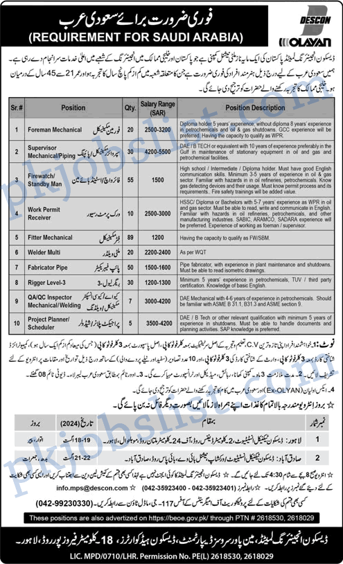 Descon engineering jobs august 2024 for saudi arabia ksa