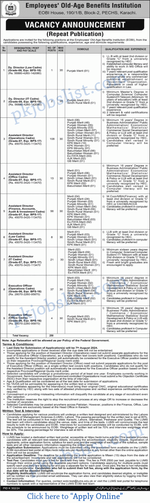 Employees Old Age Benefits Institution Jobs August 2024 EOBI Online Apply