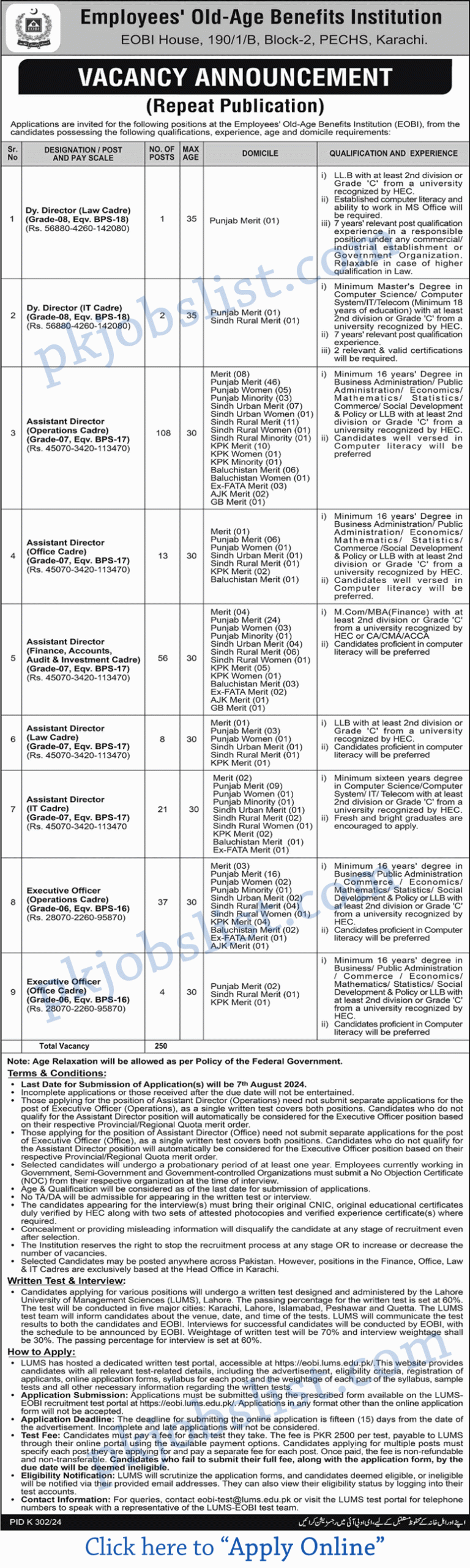 Employees old age benefits institution jobs august 2024 eobi online apply