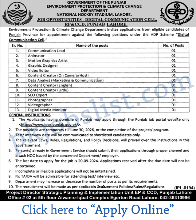 Environment protection department lahore jobs august 2024 september apply online