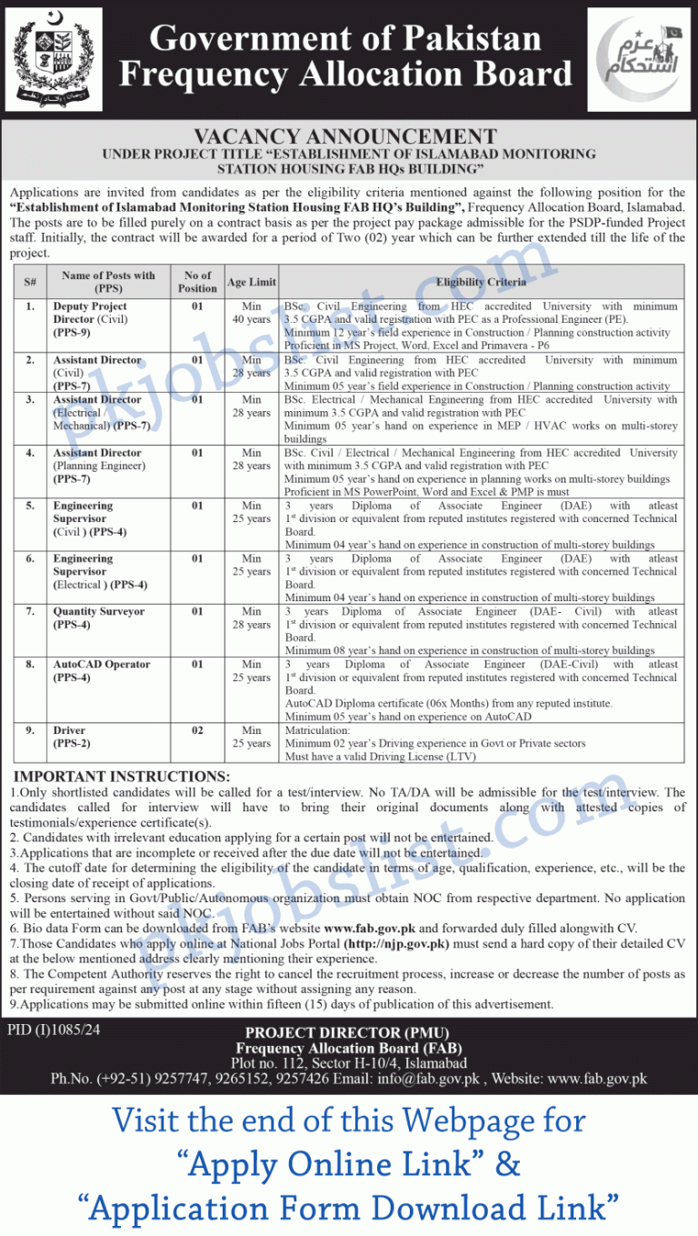 Frequency allocation board jobs 2024 august fab islamabad application form download