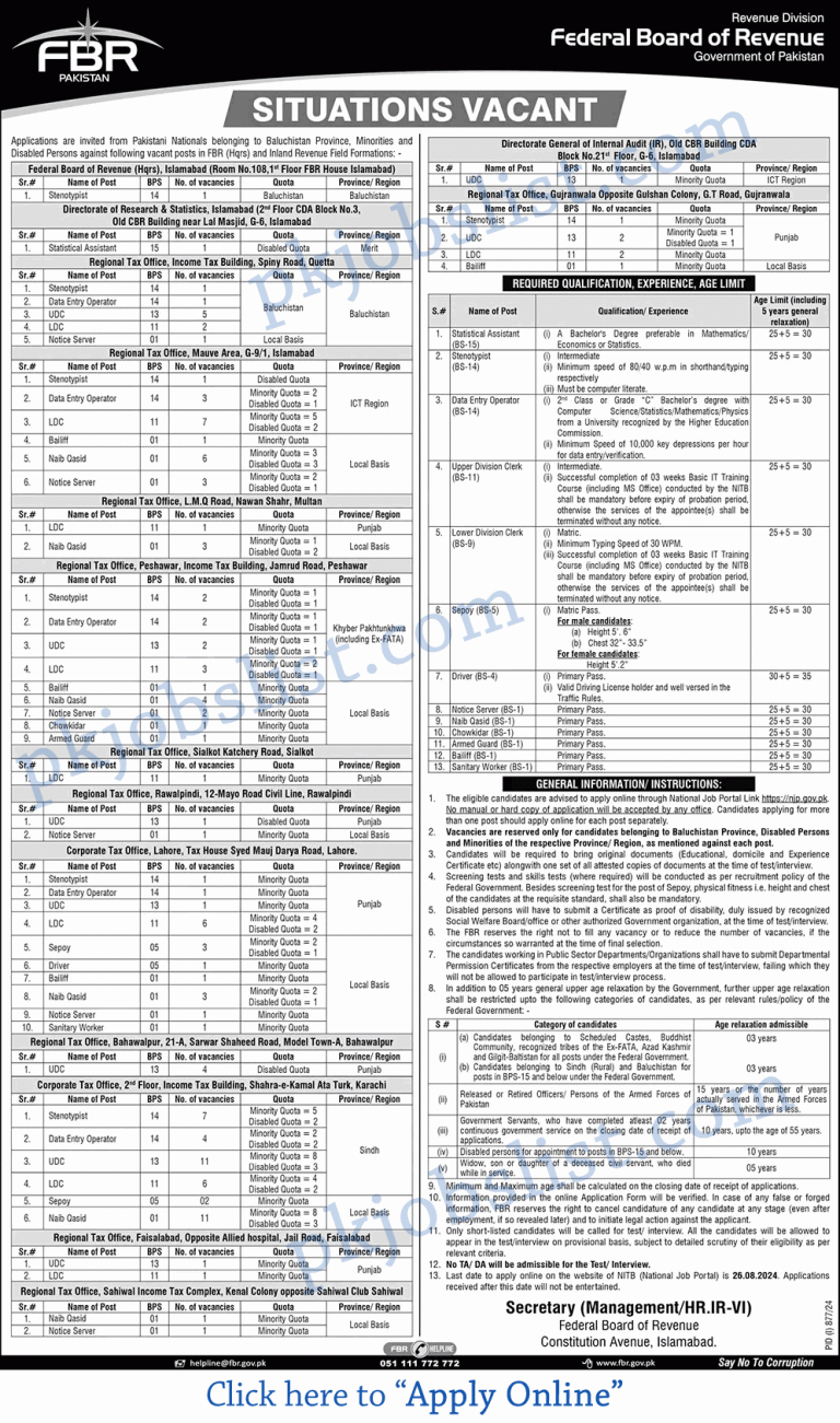 Fbr jobs august 2024 online apply njp clerks & more at federal board of revenue latest advertisement