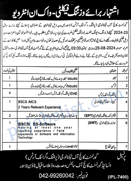 Visiting faculty jobs in govt college of technology lahore august 2024 walk in interview