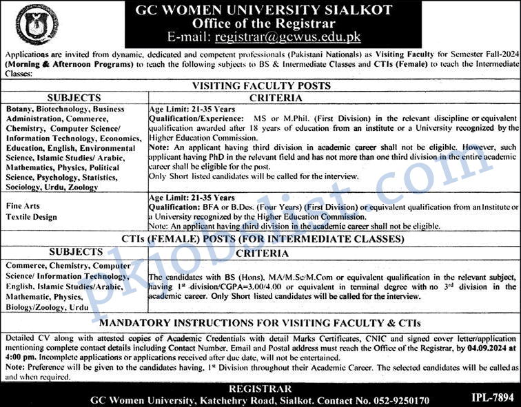 Gc women university sialkot jobs august 2024 visiting faculty and cti at gcwus