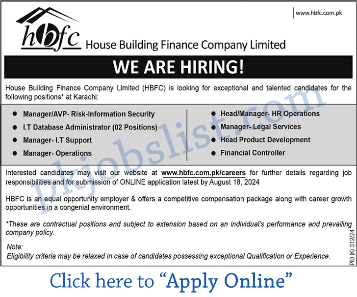 House building finance company karachi jobs 2024 august hbfc apply online