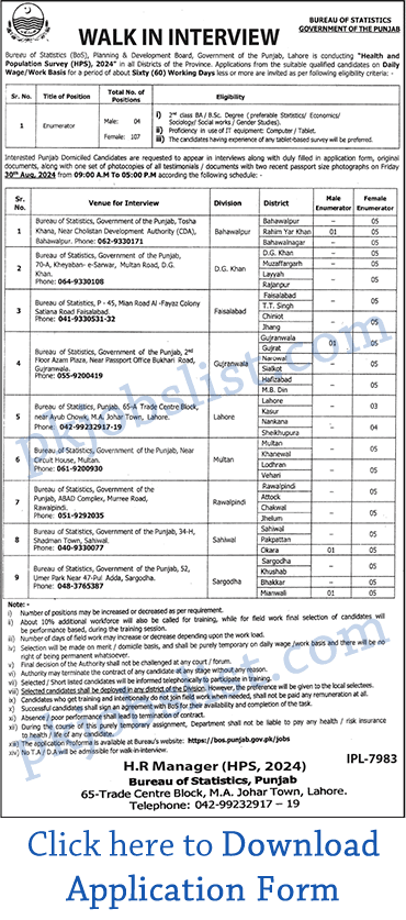 Enumerator Jobs in Bureau of Statistics Punjab 2024 August Application Form Walk In interview