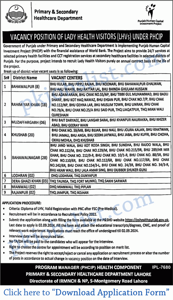 Lhv jobs in primary and secondary healthcare department punjab august 2024 application form health department