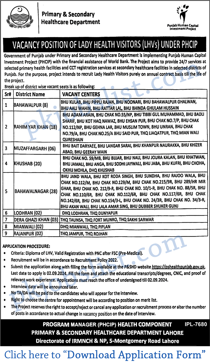 LHV Jobs in Primary and Secondary Healthcare Department Punjab August 2024 Application Form Health Department