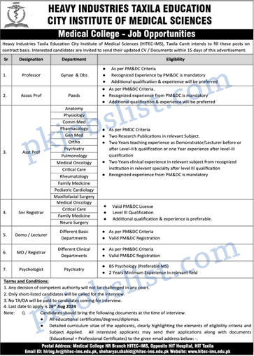 Heavy industries taxila education city institute of medical sciences jobs 2024 august hitec ims