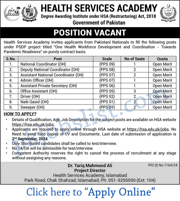 Health services academy islamabad jobs august 2024 hsa apply online coordinators & more