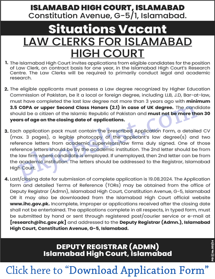 Law clerk jobs in islamabad high court august 2024 ihc application form download