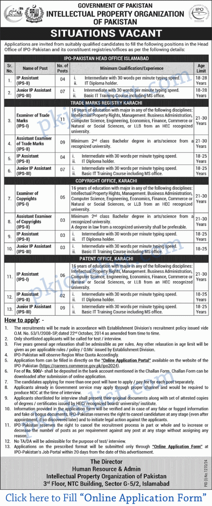 Ipo pakistan jobs 2024 august online application form intellectual property of pakistan