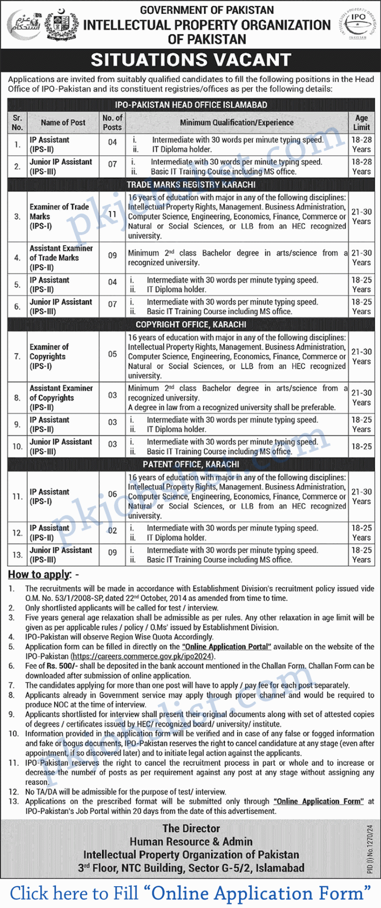 IPO Pakistan Jobs 2024 August Online Application Form Intellectual Property of Pakistan