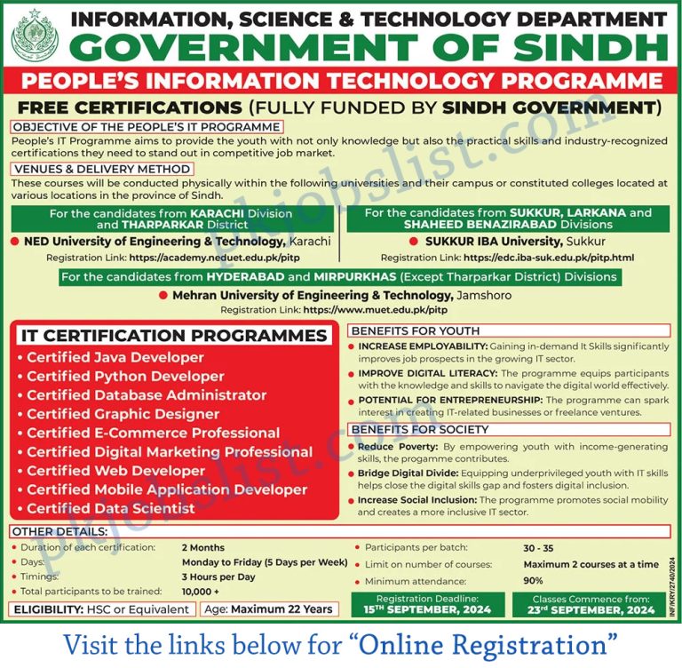 Information science and technology department sindh free courses august 2024 september online registration