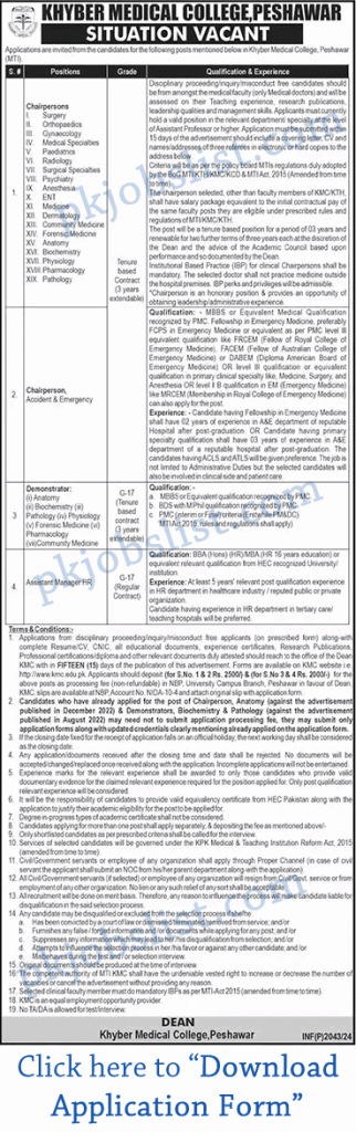 Khyber medical college peshawar jobs august 2024 application form download kmc mti