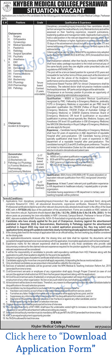 Khyber Medical College Peshawar Jobs August 2024 Application Form Download KMC MTI