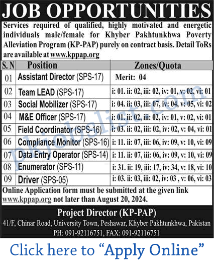 Khyber Pakhtunkhwa Poverty Alleviation Program Jobs 2024 August KP-PAP Apply Online KP PAP Project