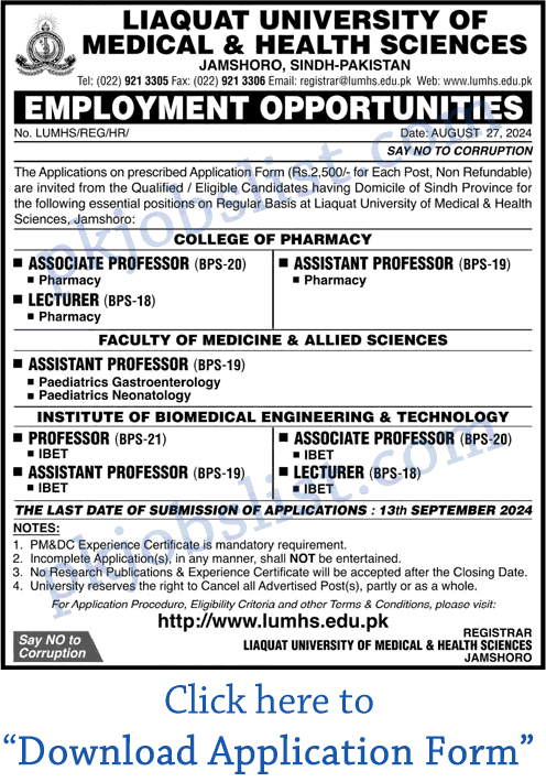 Teaching Faculty Jobs in Liaquat University of Medical and Health Sciences Jamshoro August 2024 September LUMHS Application Form