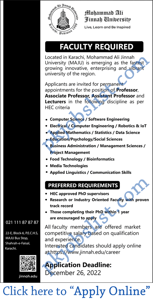 Teaching faculty jobs in maju karachi august 2024 apply online muhammad ali jinnah university