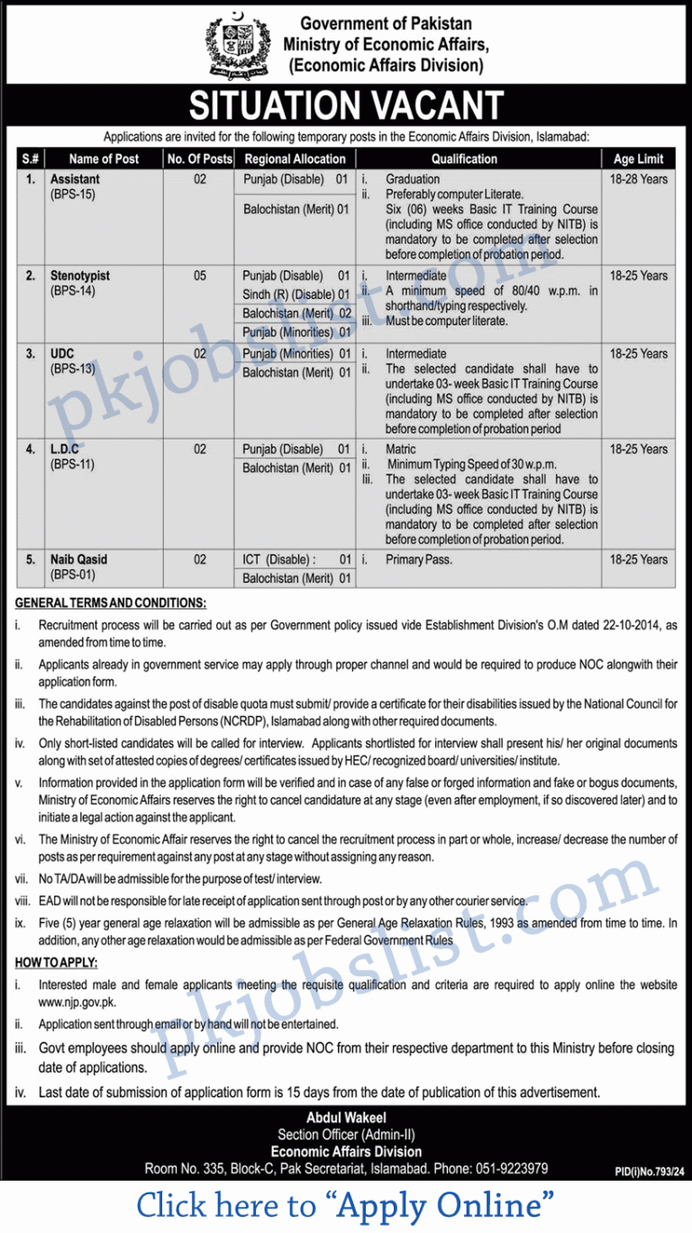 Ministry of Economic Affairs Jobs 2024 August Apply Online Islamabad Division