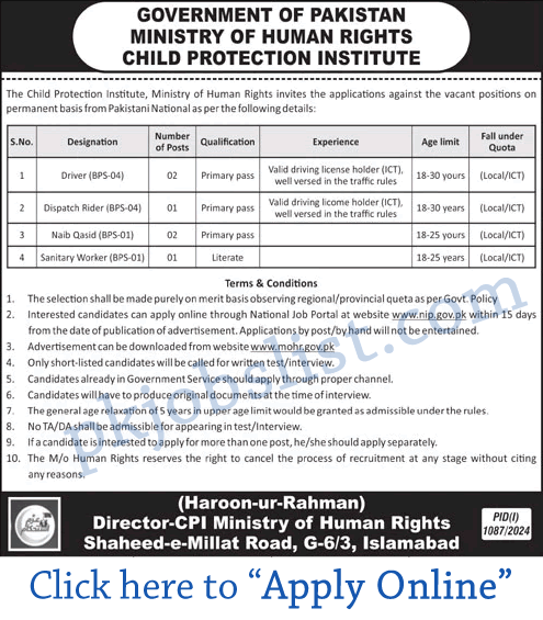 Child protection institute islamabad jobs 2024 august njp apply online ministry of human rights