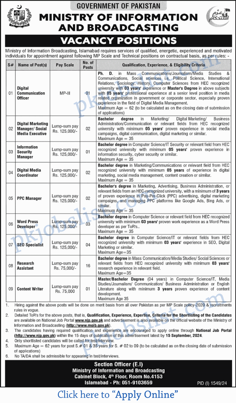 Ministry of information and broadcasting jobs august 2024 september njp apply online