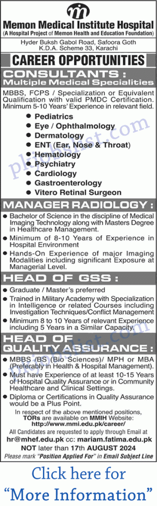 Memon medical institute hospital jobs august 2024 mmih karachi