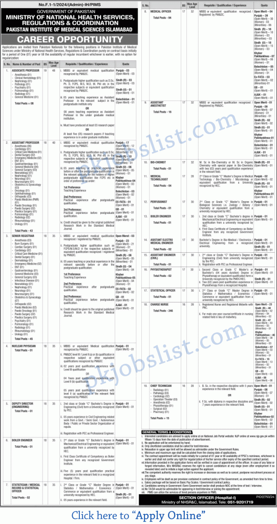 Pims hospital islamabad jobs august 2024 online apply njp charge nurses & more