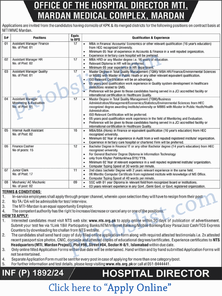 Mardan Medical Complex Jobs August 2024 Online Apply MTI Clerks, Cashiers & More