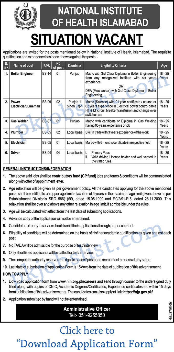 National Institute of Health Islamabad Jobs 2024 August NIH Hospital Application Form