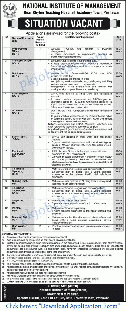 National institute of management peshawar jobs 2024 august nim application form