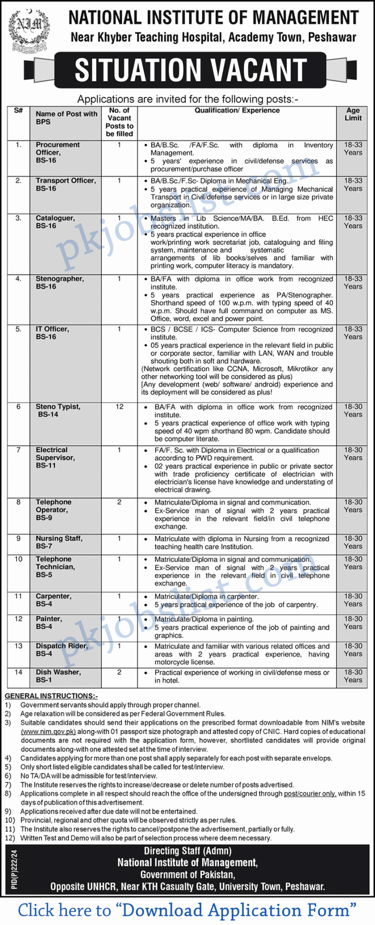 National Institute of Management Peshawar Jobs 2024 August NIM Application Form