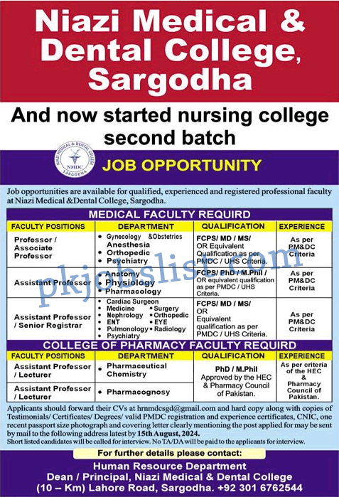 Teaching Faculty Jobs in Niazi Medical and Dental College Sargodha August 2024