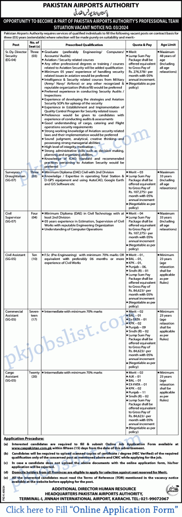 Pakistan airports authority jobs 2024 august online application form cargo assistant & more