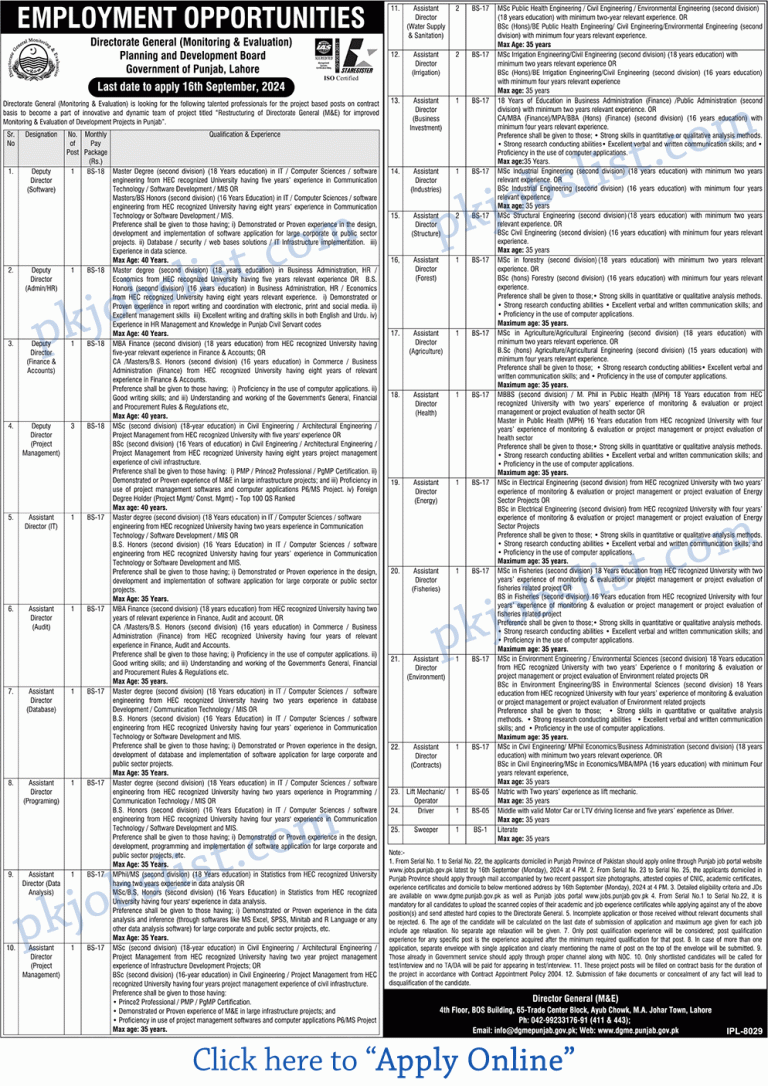 Planning and development board punjab jobs august 2024 september apply online monitoring and evaluation