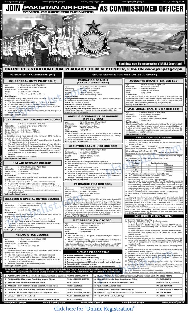 Pakistan air force jobs august 2024 september join paf as commissioned officer pc, ssc & spssc online registration